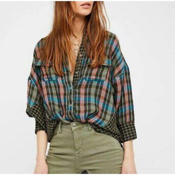 Free People One Of The Guys Plaid Flannel Tunic Shirt,Small,Oversized,Retail$128 - Picture 1 of 10